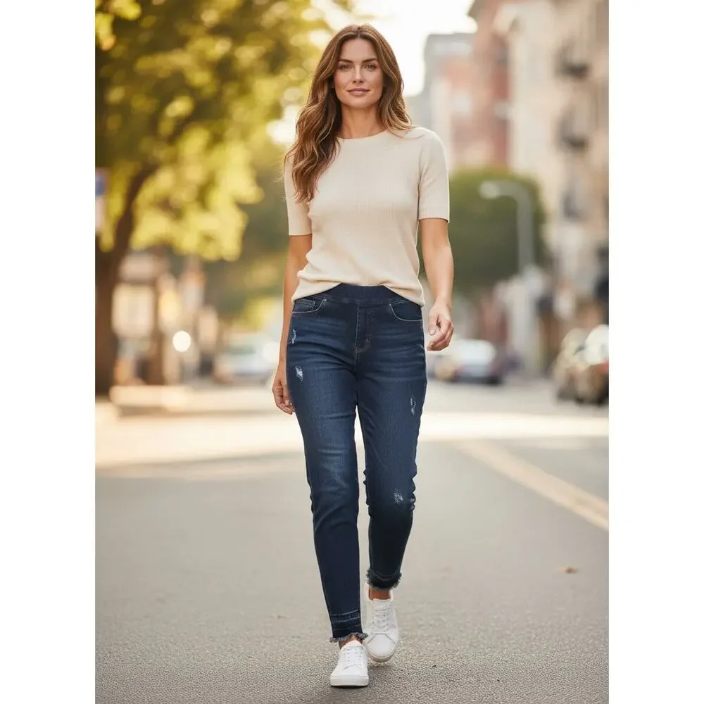 Spanx Jeans Jeggings Womens Large Pull On Stretch Skinny Leg Raw Hem High Rise